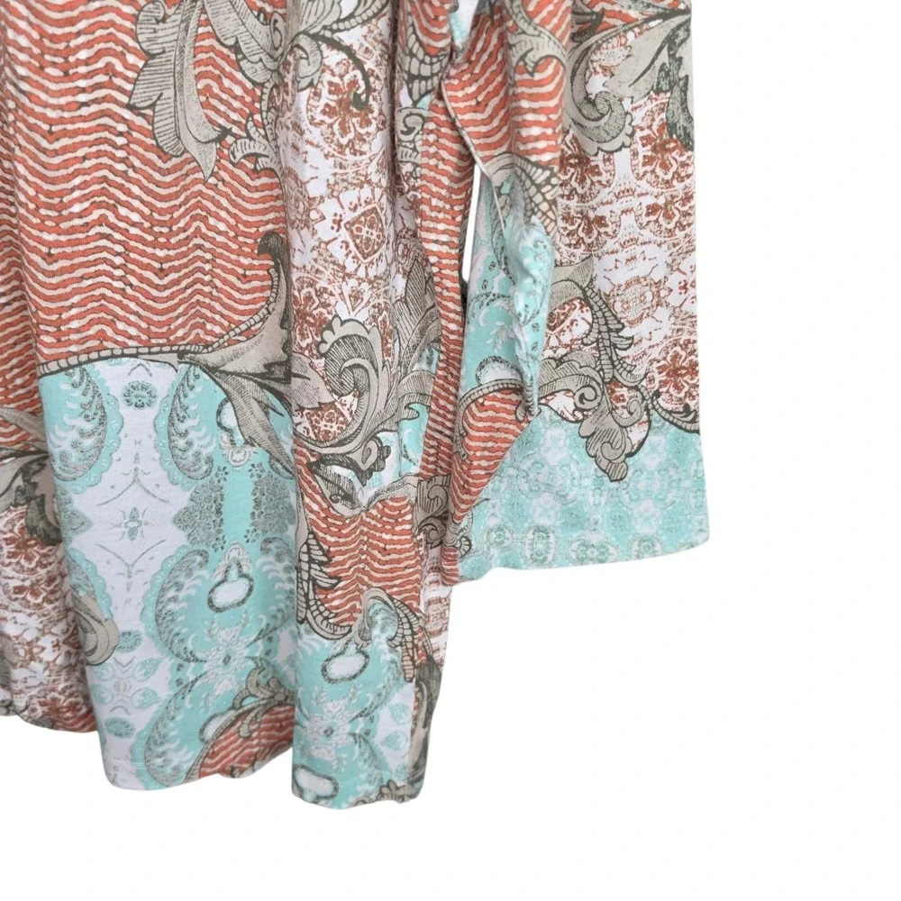 Chicos Top Womens 2‎ US Large Teal Orange Scoop Neck 3/4 Sleeve Tee Printed